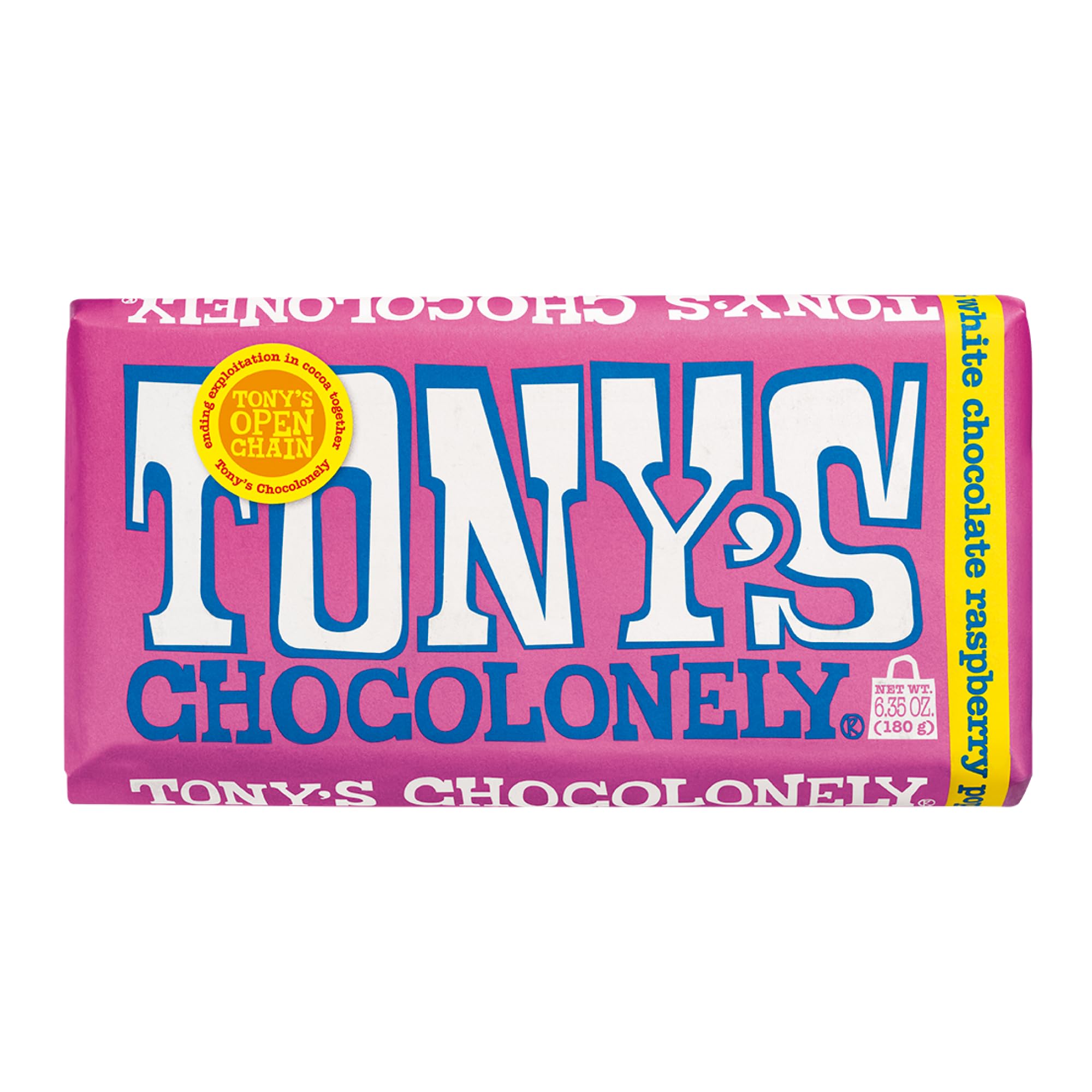 Product image of Tony's Chocolonely Belgian White Chocolate Raspberry Candy Bar Popping Candy 28% Cacao Fairtrade Cocoa 6.35